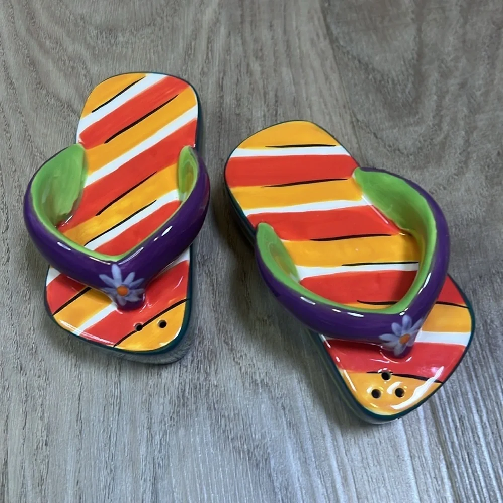 Clay Art Flip Flop Ceramic Party Serving Dishes and Salt & Pepper Shakers NWOT